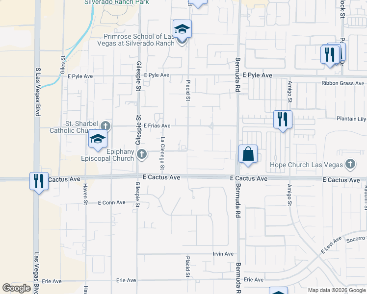 map of restaurants, bars, coffee shops, grocery stores, and more near 290 East Rush Avenue in Las Vegas