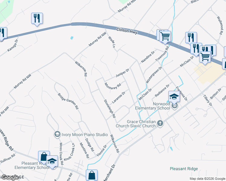 map of restaurants, bars, coffee shops, grocery stores, and more near 2320 Monterey Road in Knoxville