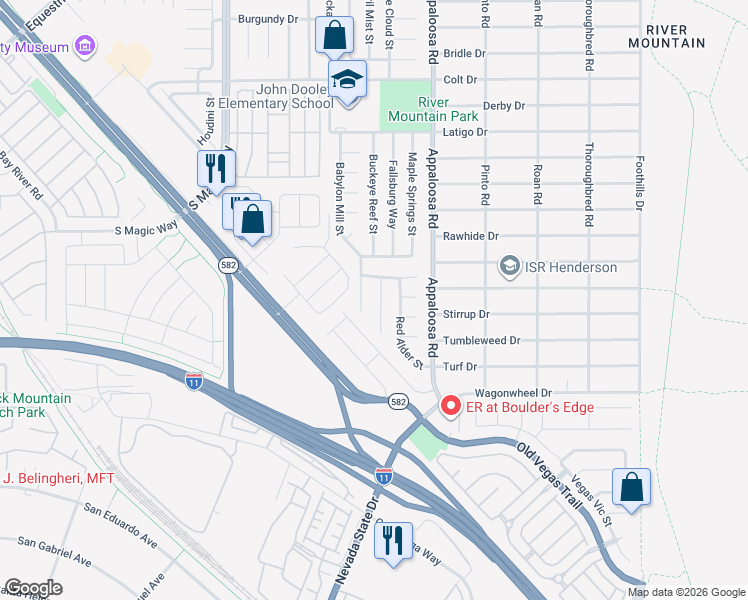 map of restaurants, bars, coffee shops, grocery stores, and more near 2205 Maple Shade Street in Henderson