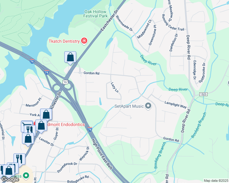 map of restaurants, bars, coffee shops, grocery stores, and more near 1709 Lazy Lane in High Point