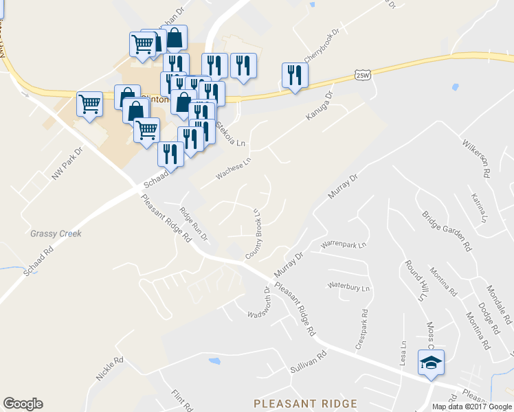 map of restaurants, bars, coffee shops, grocery stores, and more near 2112 Country Brook Lane in Knoxville