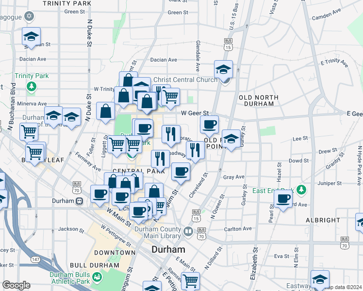 map of restaurants, bars, coffee shops, grocery stores, and more near 3001 Corbell in Durham