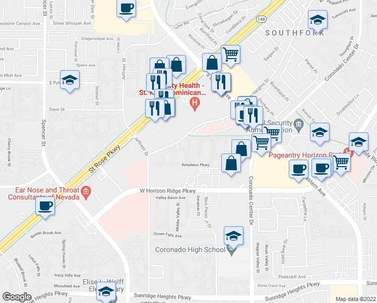 map of restaurants, bars, coffee shops, grocery stores, and more near 2951 Siena Heights Drive in Henderson