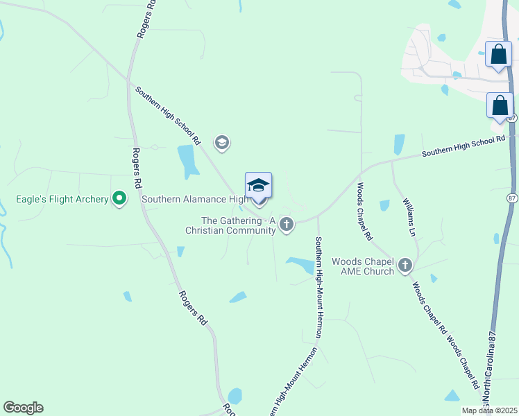 map of restaurants, bars, coffee shops, grocery stores, and more near 631 Southern High School Road in Graham