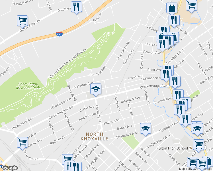 map of restaurants, bars, coffee shops, grocery stores, and more near 701 Hiawassee Avenue in Knoxville