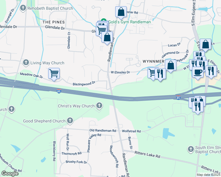 map of restaurants, bars, coffee shops, grocery stores, and more near 604 Kallamdale Road in Greensboro