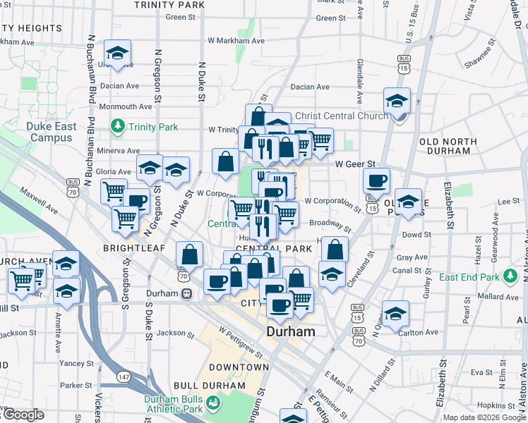 map of restaurants, bars, coffee shops, grocery stores, and more near 545 Foster Street in Durham