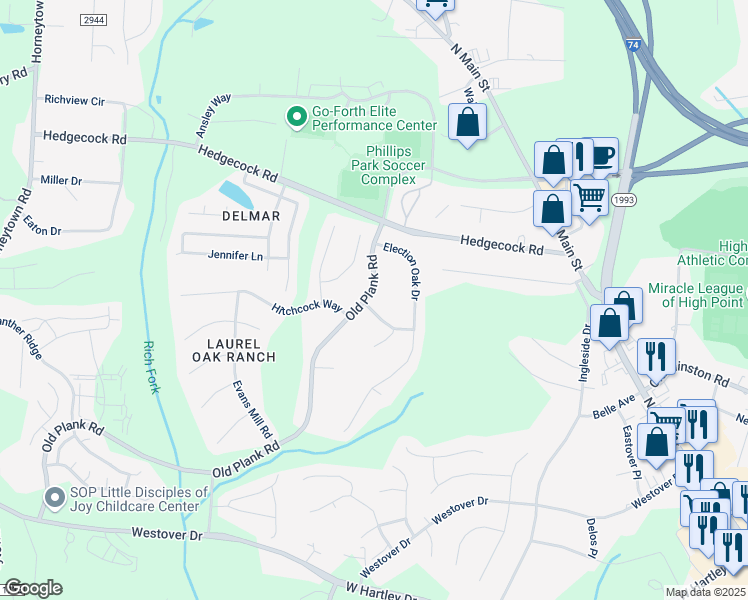 map of restaurants, bars, coffee shops, grocery stores, and more near 6100 Old Plank Road in High Point