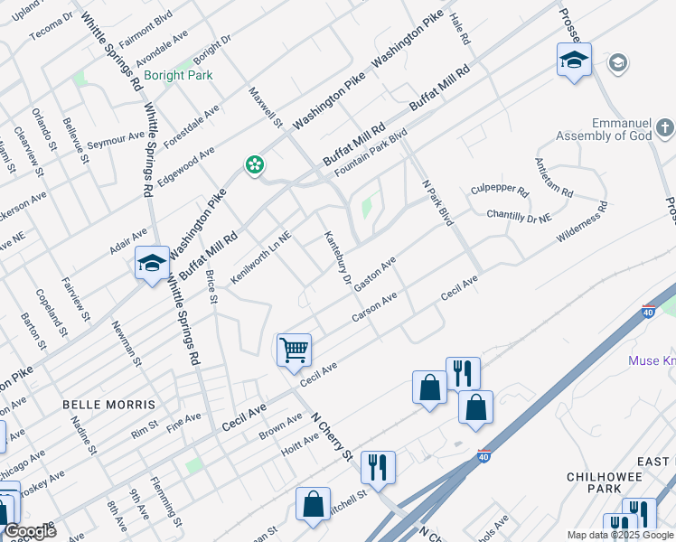 map of restaurants, bars, coffee shops, grocery stores, and more near 2325 Kantebury Drive in Knoxville