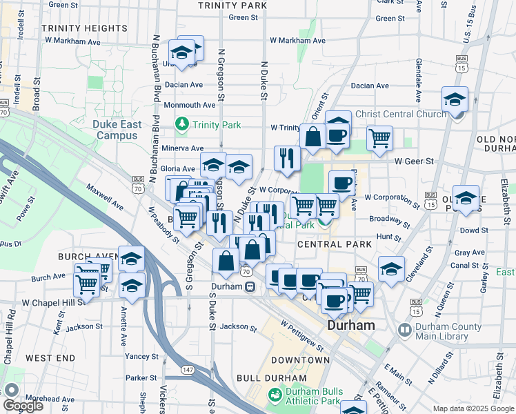 map of restaurants, bars, coffee shops, grocery stores, and more near 311 Fuller Street in Durham