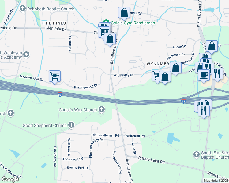 map of restaurants, bars, coffee shops, grocery stores, and more near 604 Kallamdale Road in Greensboro