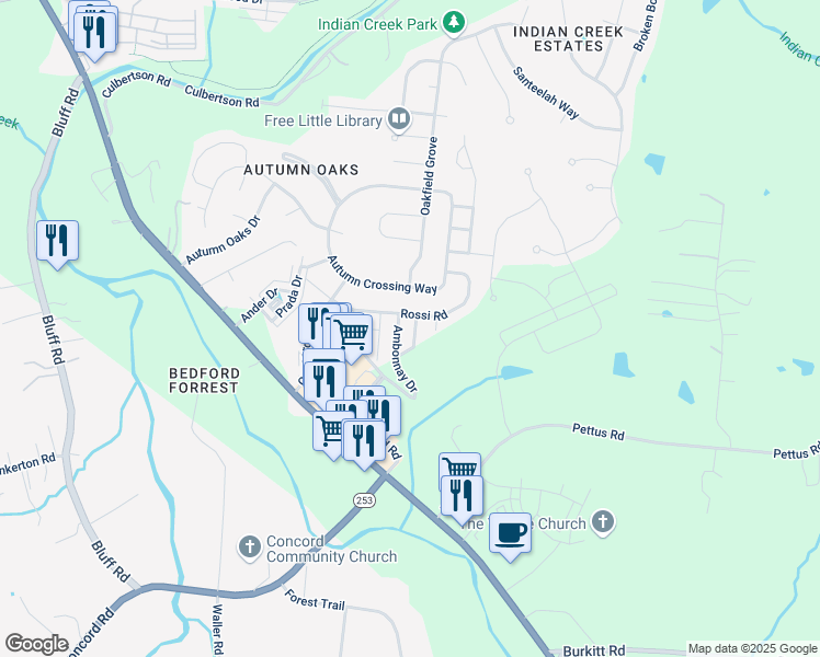 map of restaurants, bars, coffee shops, grocery stores, and more near 8710 Ambonnay Drive in Brentwood
