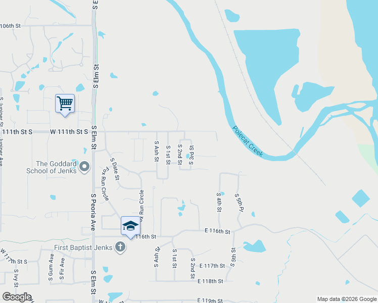 map of restaurants, bars, coffee shops, grocery stores, and more near 11113 South 2nd Street in Jenks