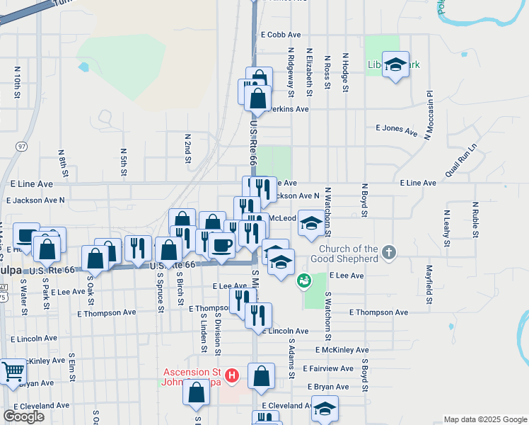 map of restaurants, bars, coffee shops, grocery stores, and more near 1111 East McLeod Avenue in Sapulpa