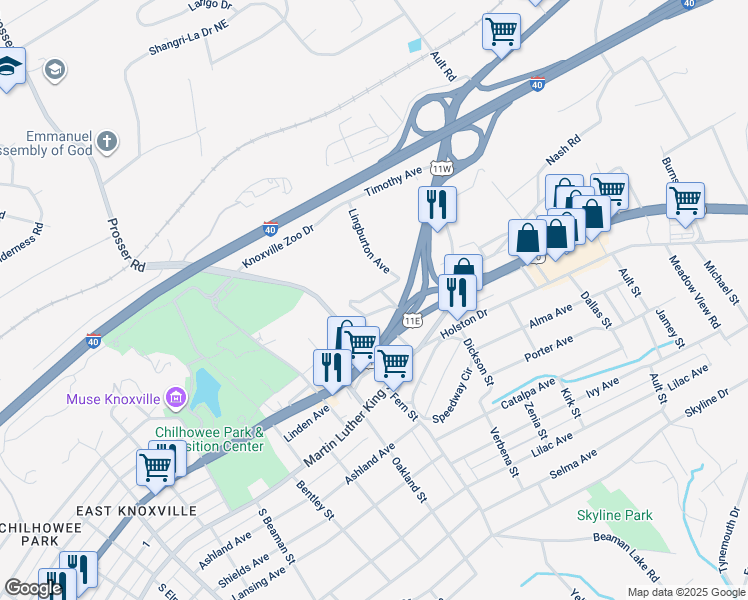 map of restaurants, bars, coffee shops, grocery stores, and more near 3820 Bonnie View Avenue in Knoxville