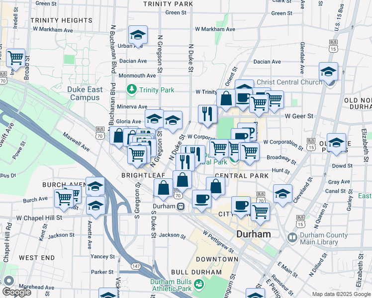 map of restaurants, bars, coffee shops, grocery stores, and more near 300 North Duke Street in Durham