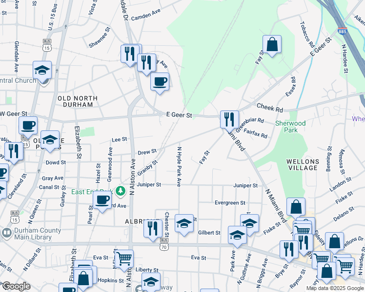 map of restaurants, bars, coffee shops, grocery stores, and more near 1514 North Hyde Park Avenue in Durham
