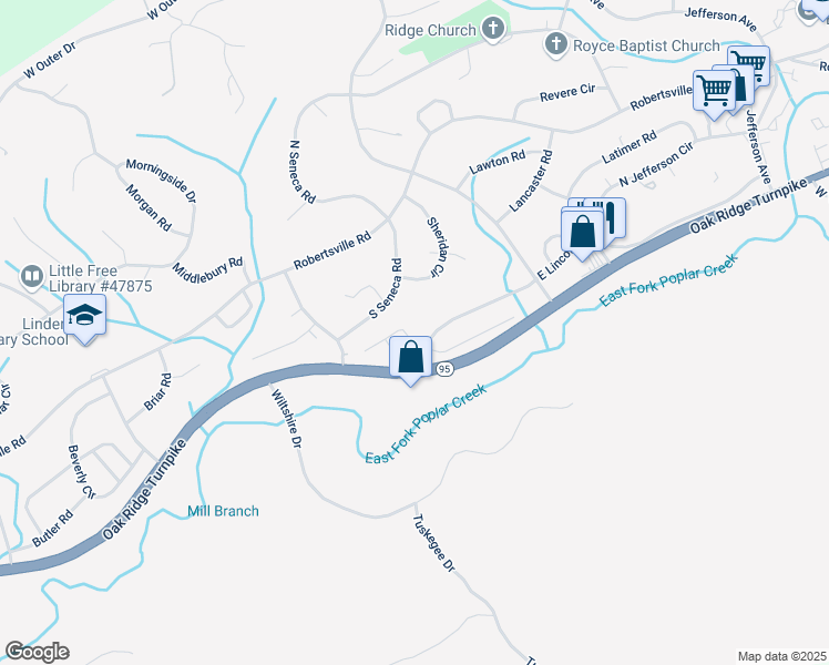 map of restaurants, bars, coffee shops, grocery stores, and more near 12 Lindale Lane in Oak Ridge