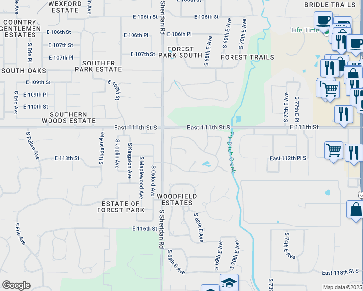 map of restaurants, bars, coffee shops, grocery stores, and more near 6623 East 112th Place in Bixby