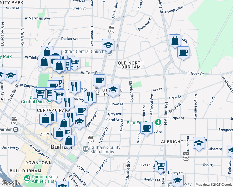 map of restaurants, bars, coffee shops, grocery stores, and more near 213 East Corporation Street in Durham