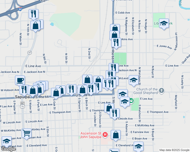 map of restaurants, bars, coffee shops, grocery stores, and more near 205 North Linden Street in Sapulpa