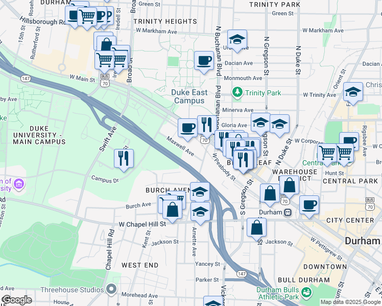 map of restaurants, bars, coffee shops, grocery stores, and more near 981 Maxwell Avenue in Durham