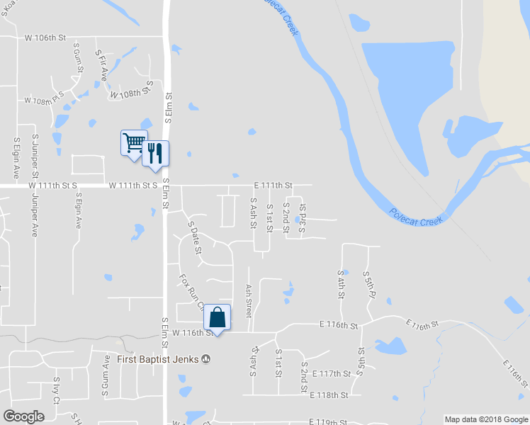 map of restaurants, bars, coffee shops, grocery stores, and more near 11204 South 1st Street in Jenks