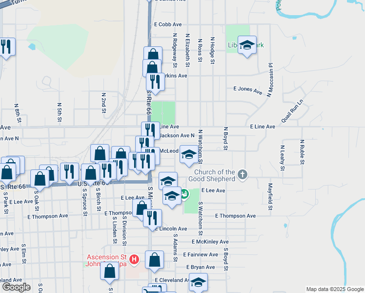 map of restaurants, bars, coffee shops, grocery stores, and more near 1213 East McLeod Avenue in Sapulpa