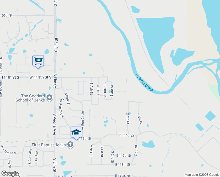 map of restaurants, bars, coffee shops, grocery stores, and more near 11113 South 2nd Street in Jenks