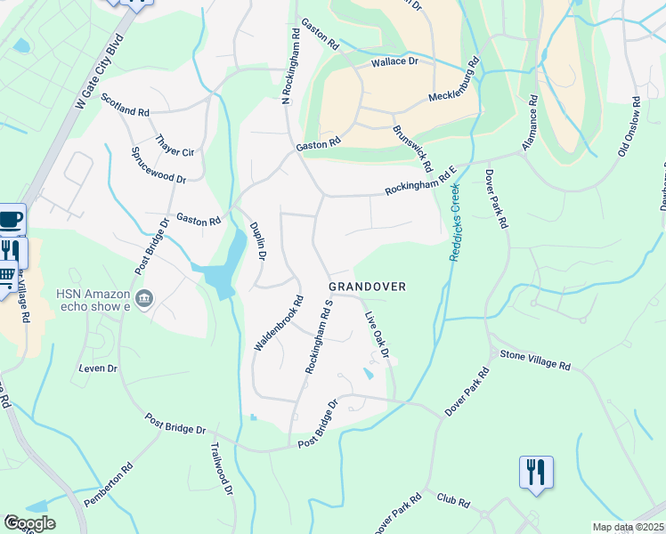 map of restaurants, bars, coffee shops, grocery stores, and more near 3805 Rockingham Road South in Greensboro