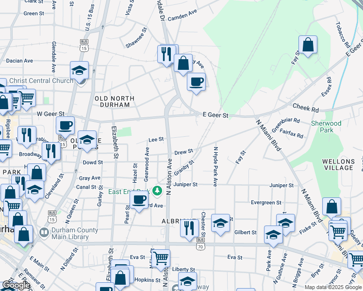 map of restaurants, bars, coffee shops, grocery stores, and more near 913 Drew Street in Durham