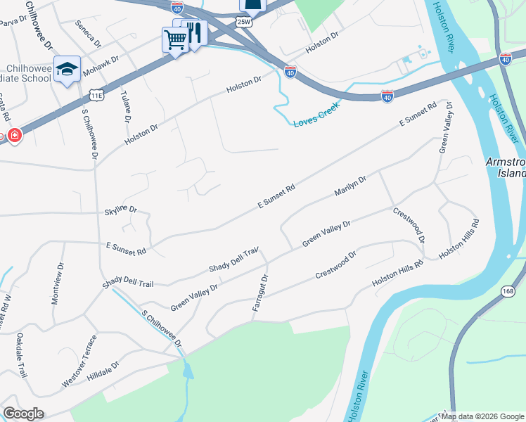 map of restaurants, bars, coffee shops, grocery stores, and more near 5312 East Sunset Road in Knoxville