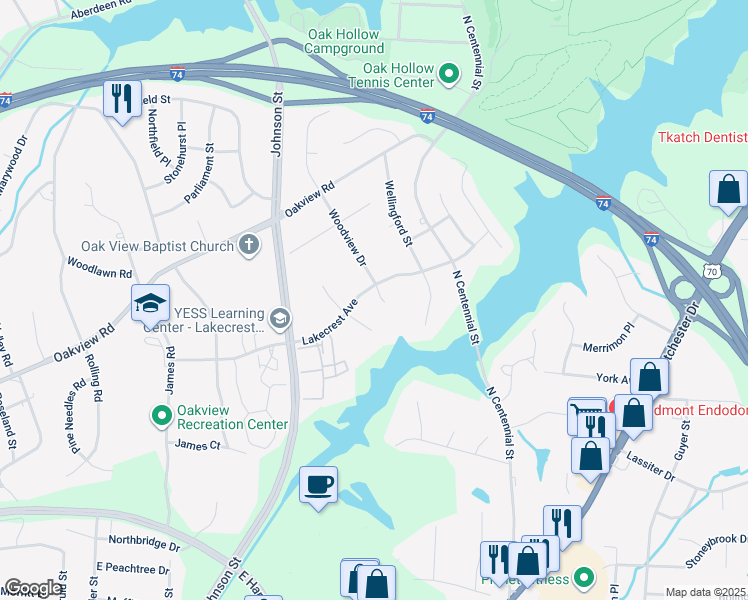 map of restaurants, bars, coffee shops, grocery stores, and more near 3105 Woodview Drive in High Point