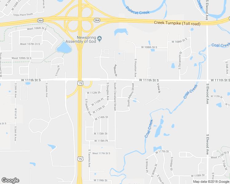 map of restaurants, bars, coffee shops, grocery stores, and more near 11124 South Cleveland Street in Jenks