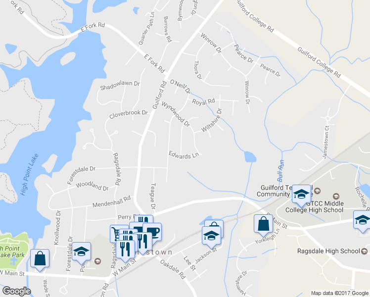 map of restaurants, bars, coffee shops, grocery stores, and more near 111 Brookberry Drive in Jamestown