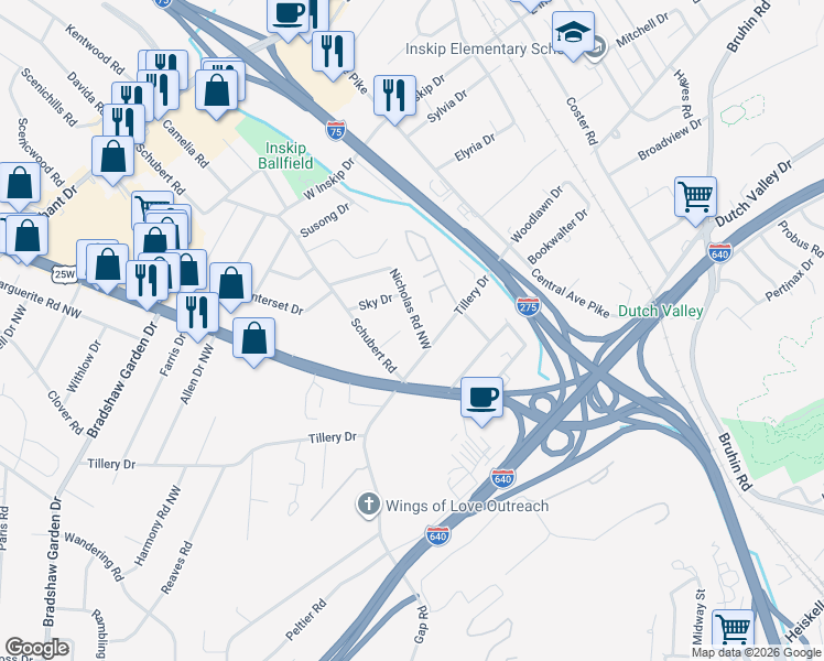 map of restaurants, bars, coffee shops, grocery stores, and more near 4409 Nicholas Road Northwest in Knoxville