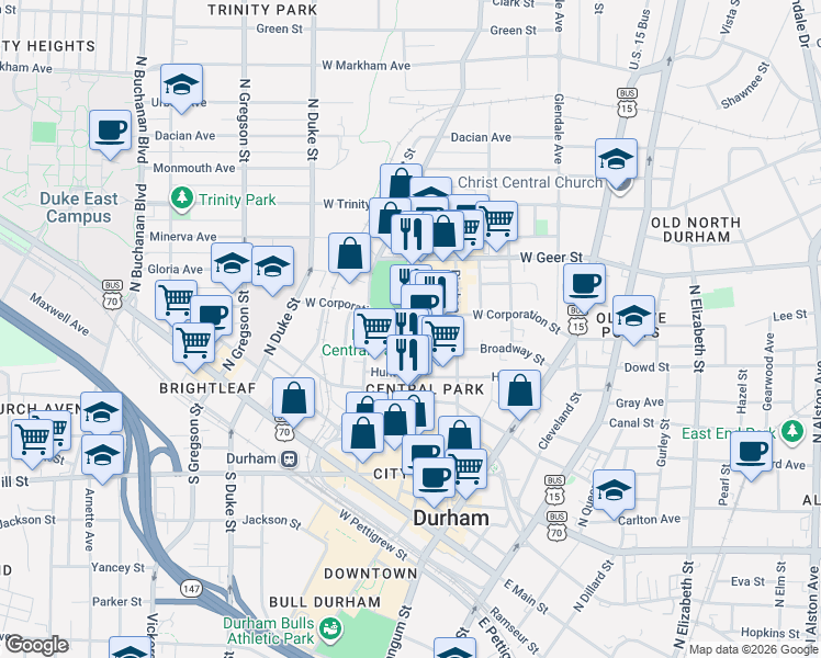 map of restaurants, bars, coffee shops, grocery stores, and more near 545 Foster Street in Durham