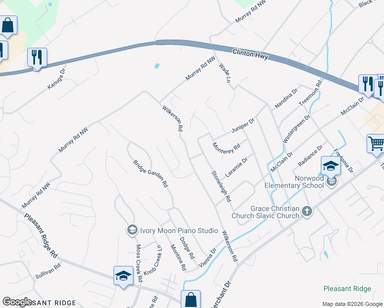 map of restaurants, bars, coffee shops, grocery stores, and more near 2413 Lamp Drive Northwest in Knoxville
