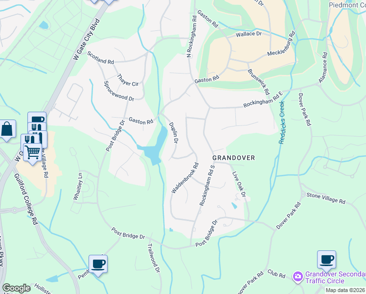 map of restaurants, bars, coffee shops, grocery stores, and more near 3712 Waldenbrook Rd in Greensboro
