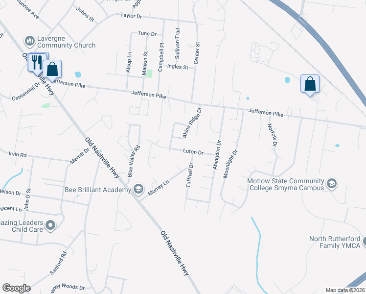 map of restaurants, bars, coffee shops, grocery stores, and more near 1720 Luton Drive in La Vergne