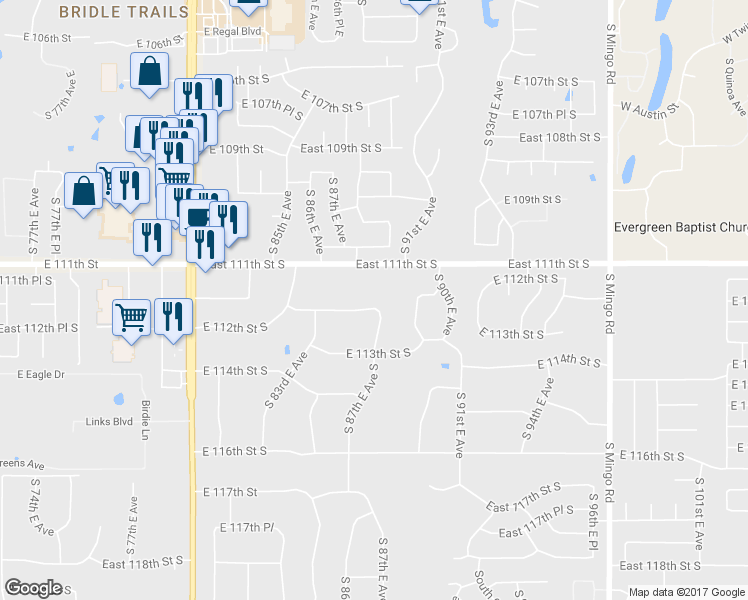 map of restaurants, bars, coffee shops, grocery stores, and more near 8391 East 112th Street South in Bixby