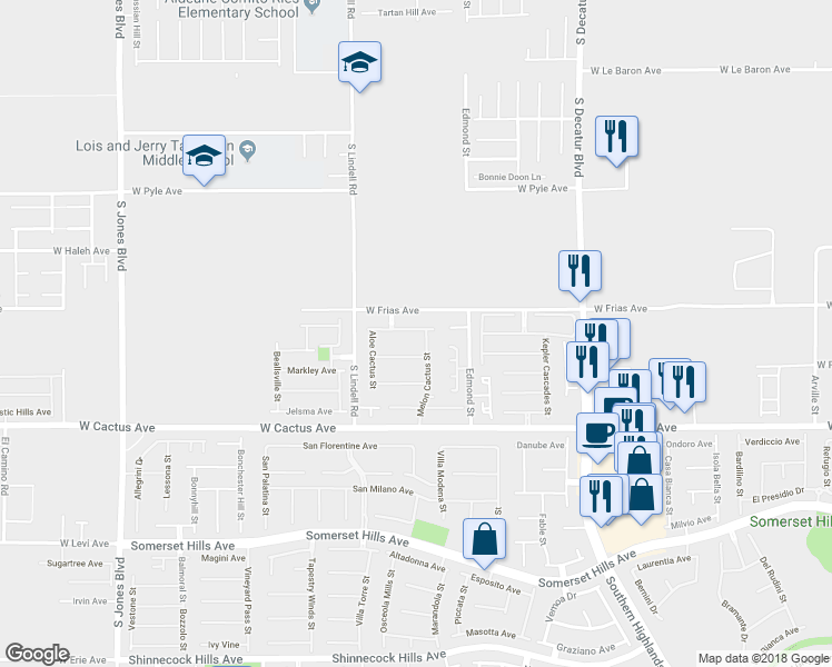 map of restaurants, bars, coffee shops, grocery stores, and more near 5345 Cholla Cactus Avenue in Las Vegas