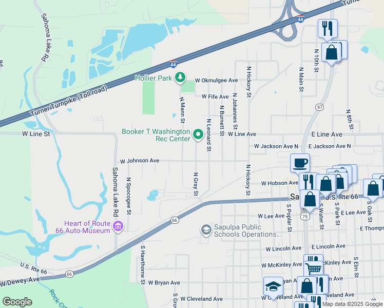map of restaurants, bars, coffee shops, grocery stores, and more near 208 North Gray Street in Sapulpa