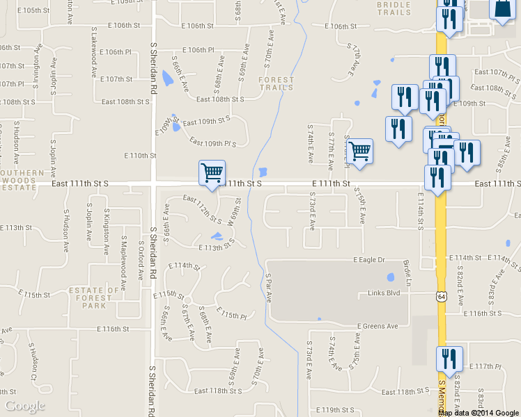 map of restaurants, bars, coffee shops, grocery stores, and more near 11190 South 72nd East Avenue in Bixby