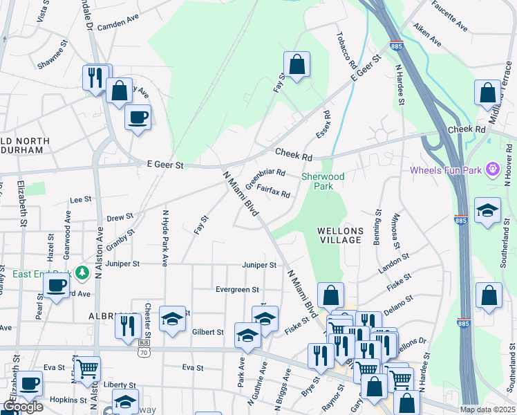 map of restaurants, bars, coffee shops, grocery stores, and more near 1512 North Miami Boulevard in Durham