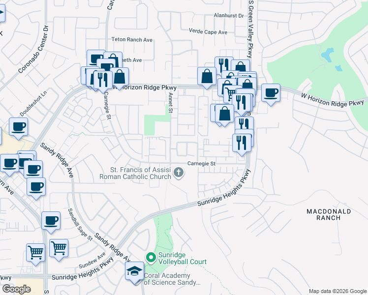 map of restaurants, bars, coffee shops, grocery stores, and more near 717 Waltham Hills Street in Henderson