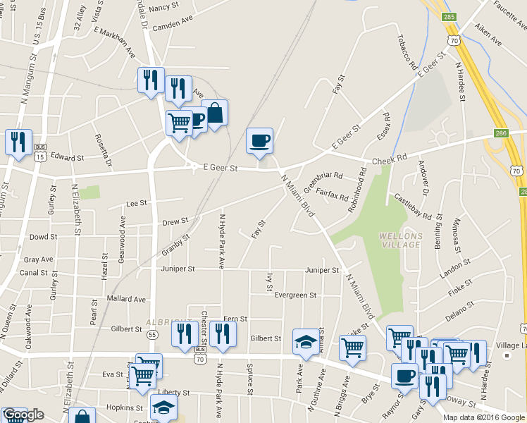 map of restaurants, bars, coffee shops, grocery stores, and more near 1507 Fay Street in Durham