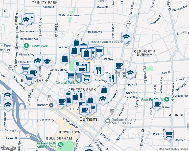 map of restaurants, bars, coffee shops, grocery stores, and more near 321 West Corporation Street in Durham