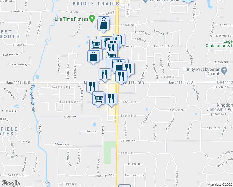 map of restaurants, bars, coffee shops, grocery stores, and more near 11208 South Memorial Drive in Bixby