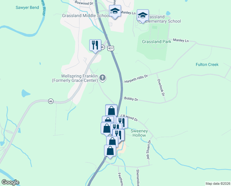 map of restaurants, bars, coffee shops, grocery stores, and more near 2253 Hillsboro Road in Franklin